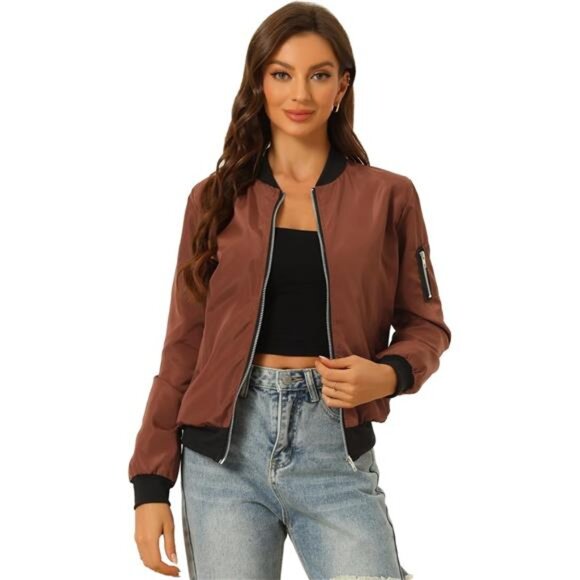Jackets & Blazers - Women's Casual Zip Up Bomber Jacket Windbreaker Outerwear with Pockets